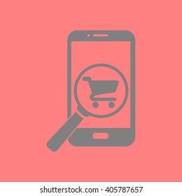 Glass searching for shopping on smart phone. Online shopping icon.