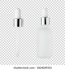 Glass serum bottle and pipette for cosmetic products design mockup isolated on white background realistic vector illustration