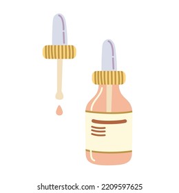 Glass serum bottle and pipette. Hand drawn cosmetic product. Vector illustration isolated on white background.
