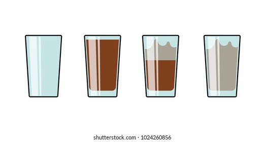 Glass set of cocoa hot chocolate milkshake coffee tea. Isolated on white vector illustration