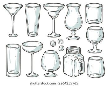 Glass set with empty glasses for bartending and design of bar menu. Design elements for cocktail bar or drink party and barman or bartender.