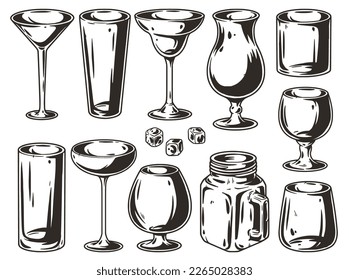Glass set with empty glasses for bartending and design of bar menu. Design elements for cocktail bar or drink party and barman or bartender.