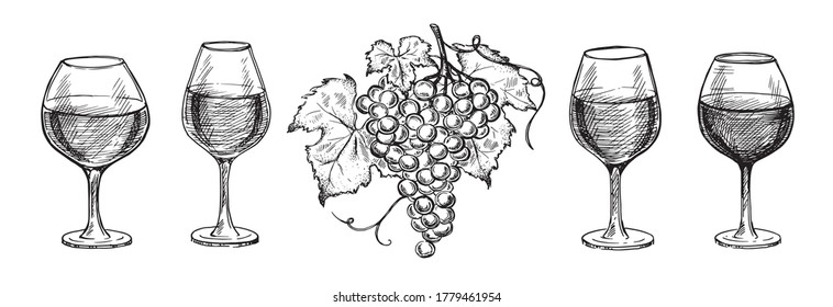 Glass set and Grape hand drawn graphic illustration.	