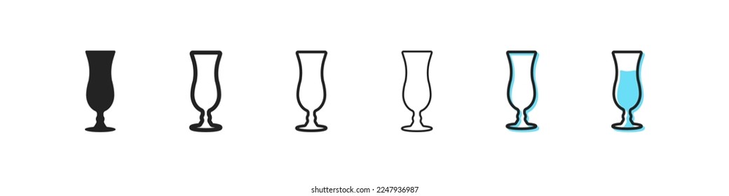 Glass set icon. Beverage, cafe, eating out, cup, mug, tea bag, hand, glass, water, hot, steam, heart, drawing on coffee Drink concept. Six vector line icon in different styles
