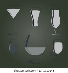 Glass Set Vector. Transparent Empty Glasses Goblets For Water, Alcohol, Juice, Cocktail Drink. Vector illustration