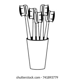 glass with several toothbrush in black dotted silhouette vector illustration