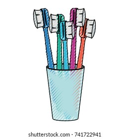 glass with several toothbrush in colored crayon silhouette vector illustration