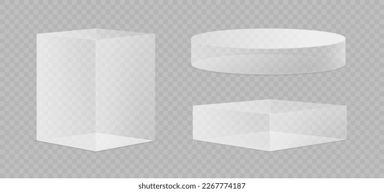 Glass shapes, square and rounded podium or platform for presentation of product. Advertisement and announcement for shop. 3d style vector illustration