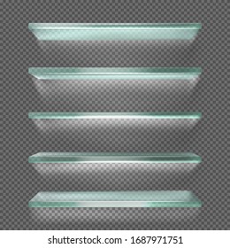 Glass shelves with backlight, ice rack isolated on transparent background. Empty clear translucent illuminated ledges or wall bookshelves. Design element for room decoration Realistic 3d vector mockup