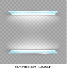 Glass shelves for goods. Decorative led lighting. Modern furniture and the trading equipment. Vector.