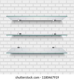 Glass Shelves On Light White Brick Background With Gradient Mesh, Vector Illustration