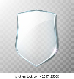 Glass Shield Acrylic Transparency Panel Vector. Blank Glass Shield, Policeman Or Safeguard Decorative Badge. Guardian Life Safety Transparent Accessory Symbol Mockup Realistic 3d Illustration