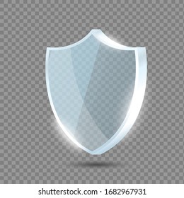 Glass shield. Blue acrylic security shield or plexiglass plate with gleams and light reflections. Concept of award trophy or safety on transparent background. Vector illustration.