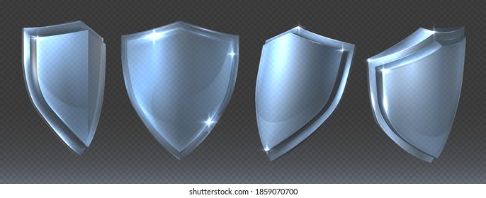 Glass Shield. Blue Protective Clean Transparent 3D Panel Various Angles, Shiny Security Symbol With Light Reflections, Power And Safety Shiny Symbol. Vector Realistic Isolated Set Of Acrylic Shields