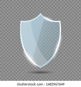 Glass shield in front view. Blue acrylic security shield or plexiglass plate with gleams and light reflections. Concept of award trophy or safety on transparent background. Vector illustration.