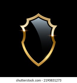 Glass shield with gold frame, metal heraldic emblem vector illustration. Retro luxury element with shining sparkles. Heraldry insignia, antique golden decor on black background.