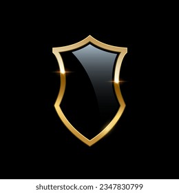 Glass shield with gold frame, metal heraldic emblem vector illustration. Retro luxury element with shining sparkles. Heraldry insignia, antique golden decor on black background.