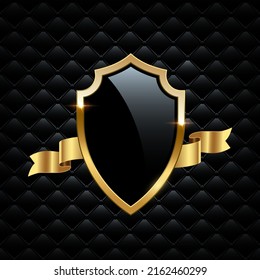Glass shield with gold frame and ribbon. Metal heraldic emblems vector illustration. Retro luxury elements with shining sparkles. Heraldry insignia, antique golden decor on black VIP background.