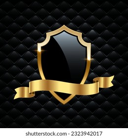 Glass shield with gold frame and ribbon. Metal heraldic emblems vector illustration. Retro luxury elements with shining sparkles. Heraldry insignia, antique golden decor on black VIP background.
