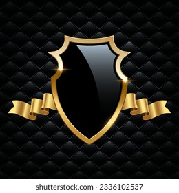 Glass shield with gold frame and ribbon. Metal heraldic emblems vector illustration. Retro luxury elements with shining sparkles. Heraldry insignia, antique golden decor on black VIP background.