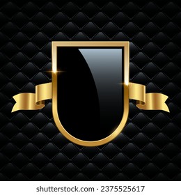 Glass shield with gold frame and ribbon. Metal heraldic emblems vector illustration. Retro luxury elements with shining sparkles. Heraldry insignia, antique golden decor on black VIP background.