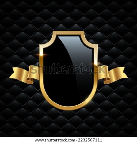 Glass shield with gold frame and ribbon. Metal heraldic emblems vector illustration. Retro luxury elements with shining sparkles. Heraldry insignia, antique golden decor on black VIP background.
