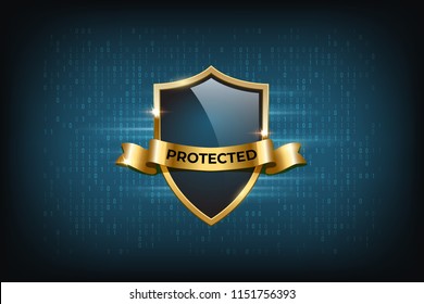 Glass shield with golden border and ribbon on dark blue background. Vector technology illustration.