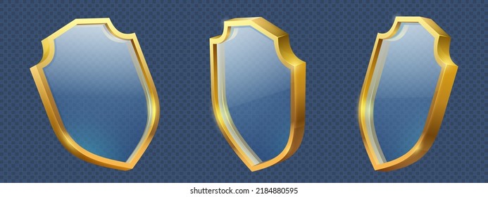 Glass shield in golden frame isolated on transparent background. Vector realistic set of 3d icon of glossy clear safety badge with gold border. Symbol of defense, protection of security