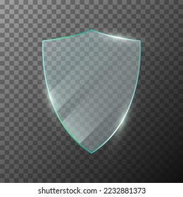 Glass shield on transparent background. Clear glossy acrylic plate with reflections. Safeguard or security icon. Safety label, award trophy or certificate template. 3d vector illustration