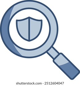 Icono de contorno de vidrio y escudo, símbolo de inspección de seguridad, fondo transparente. Diseño de color azul reemplazable