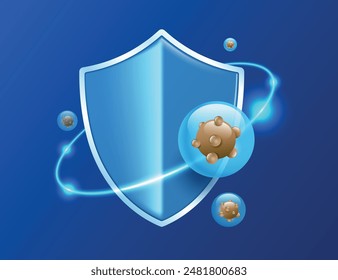 Glass shield protects and protects against viruses or germs and dirt, vector 3d on blue background for designing advertisements for disinfectant products or disease prevention medicine products