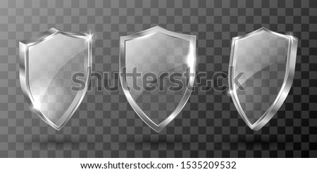 Glass shield realistic vector illustration. Blank transparent white acrylic glass panel with metal frame, award trophy or certificate template, front side view isolated on checkered background