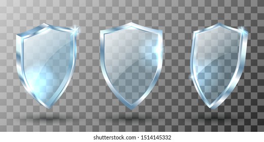Glass shield realistic vector illustrations. Blank transparent blue acrylic glass panel with reflection and glow, award trophy or certificate template, front side view isolated on checkered background