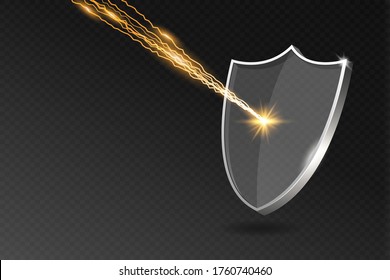 Glass shield reflects lightning strike. Acrylic or plexiglass security shield on transparent background with shadow, rays and lights. Virus attack protection concept. Vector illustration.