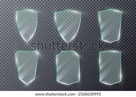 Glass shield set on transparent background. Clear glossy acrylic plate with reflections. Security shields icon. Safety label, award trophy or certificate template. Vector illustration

