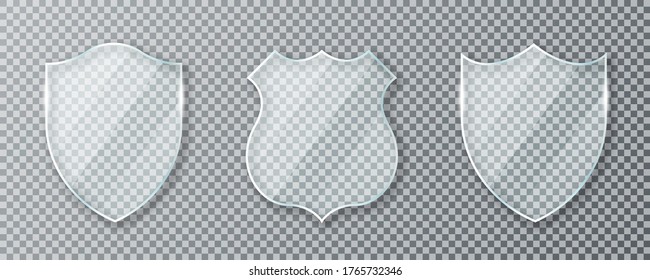 Glass shield. Set of transparent glass shields and acrylic panels. Conceptual symbol of protection, safety, security and guarding. Transparent glass shields isolated on background. Vector