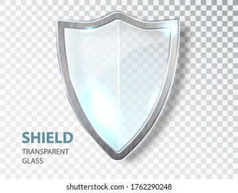 Glass shield sign. Security glass label. Privacy transparent banner shield. Defense safeguard sign