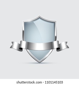 Glass shield with silver frame and silver ribbon isolated on gray background. Vector design element.