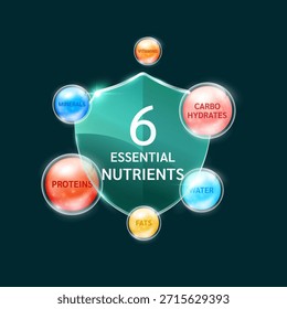 Glass shield six essential nutrients modern. Surrounded by Carbohydrates Proteins Fats Vitamins Minerals and Water. Used for design dietary supplement products. Vector.