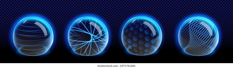 Glass shield spheres set isolated on transparent background. Vector realistic illustration of barrier domes with abstract blue line, hexagon mesh design, medical insurance hemisphere, cyber security