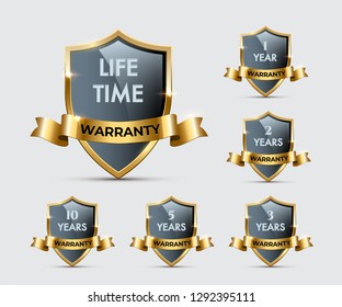 Glass shields with golden frames and ribbons with different warranty texts. Vector warranty shields isolated on transparent background