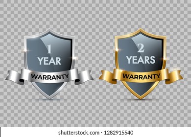 Glass shields with golden and silver frames and ribbons with One year warranty and Two years warranty texts. Vector warranty shields isolated on transparent background
