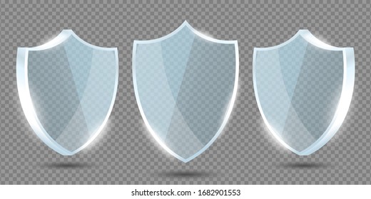 Glass shields set on transparent background in front and side view. Acrylic security shield or plexiglass plates with gleams and light reflections. Concept of award trophy or safety. Vector