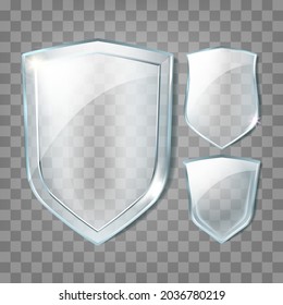 Glass Shields Transparency Blank Badges Set Vector. Glass Shields In Different Shape, Cyberspace Protection, Healthcare Medicine Logo Or Safeguard Accessories. Template Realistic 3d Illustrations