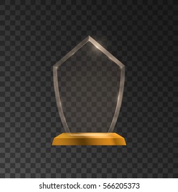 Glass shining trophy with golden stand. Isolated on black transparent background. Vector illustration, eps 10