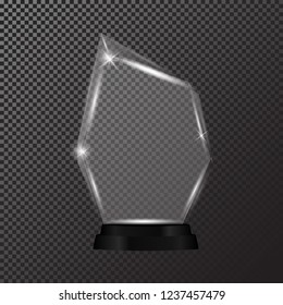 Glass shining trophy  Isolated on black transparent background. Glass Trophy Award Vector illustration, 
