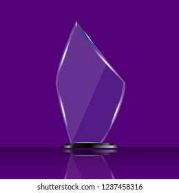 Glass shining trophy  Isolated on violet background. Glass Trophy Award Vector illustration, 