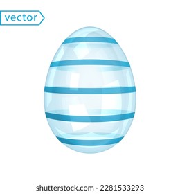 Glass Shiny Easter Egg with Blue Stripes. Beautiful Easter Gift. Image of transparent glossy crystal-blue egg isolated on white background. 3d decoration for easter design. 3D vector illustration