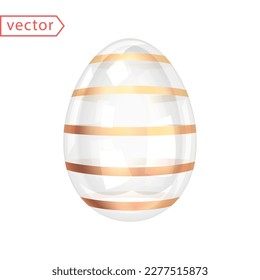 Huevo de Pascua brillante de vidrio con bandas de oro. Hermoso regalo de Pascua. Imagen de huevo transparente brillante de oro de cristal aislado en fondo blanco. 3.ª decoración para el diseño de Semana Santa. Ilustración vectorial 3D