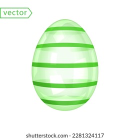 Glass Shiny Easter Egg with Green Stripes. Beautiful Easter Gift. Image of transparent glossy crystal-green egg isolated on white background. 3d decoration for easter design. 3D vector illustration